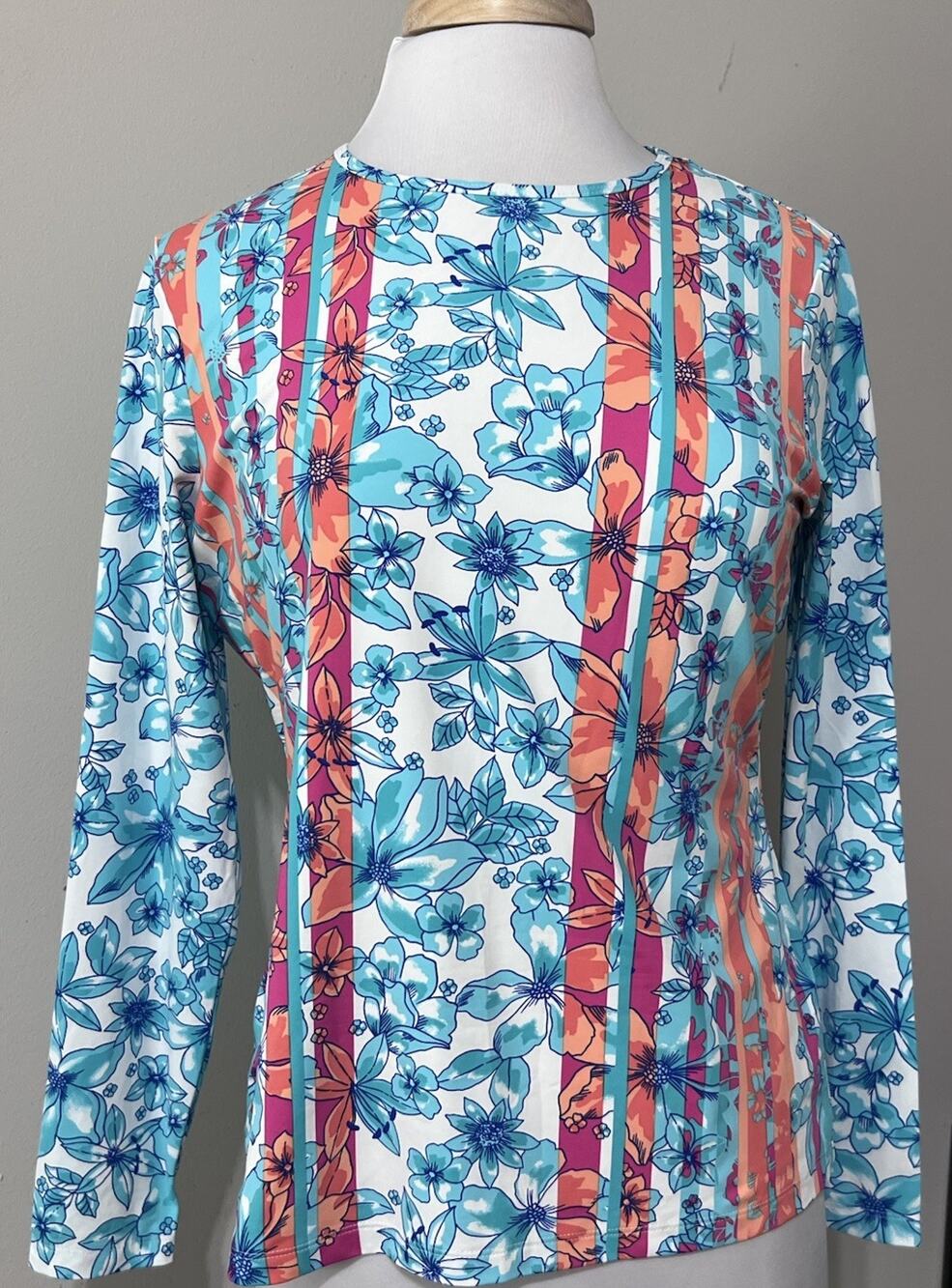 Lands End Rash Guard Swim Shirt Medium 10-12 Womens Long Sleeve Floral Aqua Blue